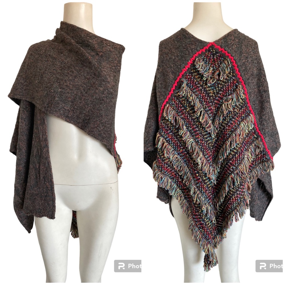 Cecilia Prado Fringed Back Knit Wrap Sweater Poncho Shawl One Size